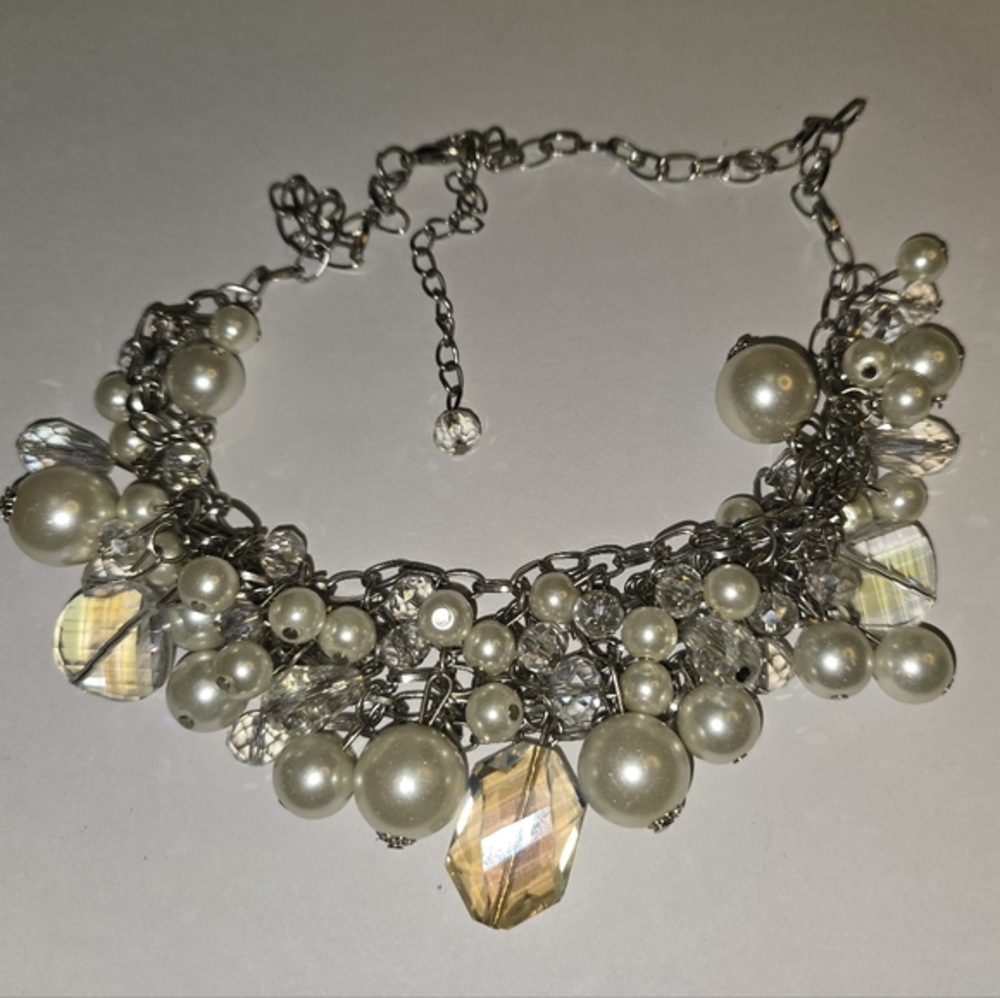 Treska Silver Faux Pearl and Iridescent Crystal Cluster Statement Bib Necklace - Picture 5 of 7